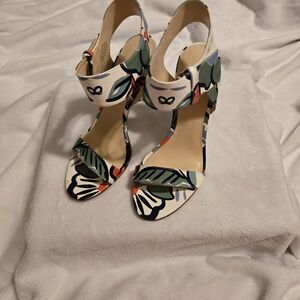 Nine West Floral Ankle Strap Heels in White, Green and Navy